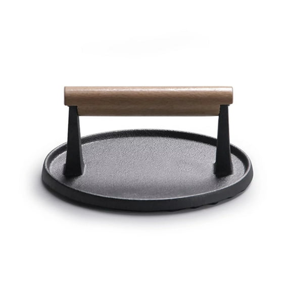 Tkrady Burger Press, 7" Round Heavy-Duty Cast Iron Smash Bacon Press Meat Steak with Wood Handle for Griddle, Sandwich, Nonstick Pan 1pcs