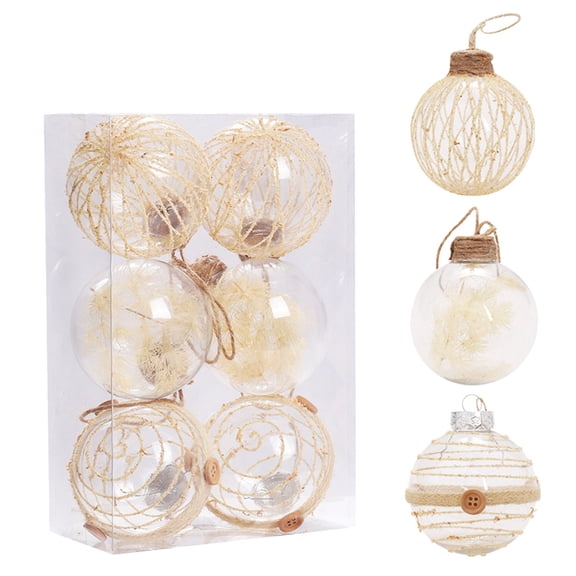 Tkrady Christmas Balls Ornaments,6pcs Rustic Boho Christmas Ornaments Clear Linen Christmas Tree Ornaments With Strips Decorations Shatterproof Decorative Hanging Xmas Tree For Wedding Party Decor