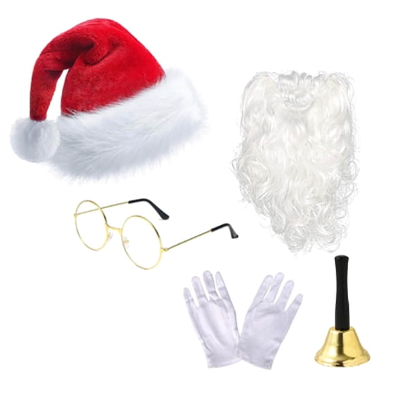 Tkrady Christmas Decorations Santa Face Cover Beard Hat Glasses Bell and Gloves, Christmas Santa Set for Men Women Party