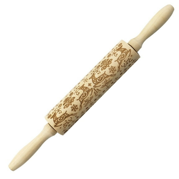 Tkrady Christmas Wooden Rolling Pins,Engraved Embossing Rolling Pin with Christmas Deer Pattern for Baking Embossed Cookies,Rolling Pin Kitchen Tool (14inch)