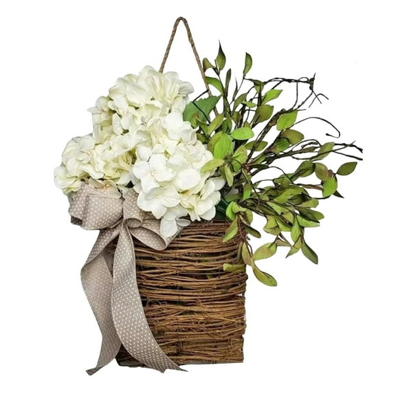 Tkrady Cream Hydrangea Door Hanger Basket Wreath,Wildflowers Door Hanging Basket Wreath, Home Porch Farmhouse Decor