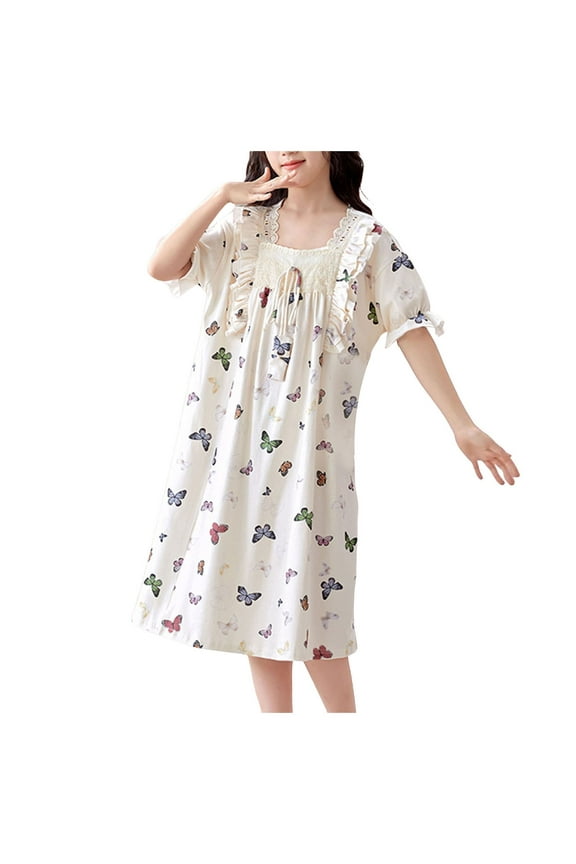 Dress for Girls Spring Summer New Short Sleeve Comfortable Cute Nightdress, Sizes 5-11 Years