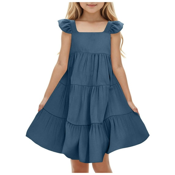 Tkrady Dress for Girls Spring Summer New Solid Color Ruffled Little Flying Sleeve Fashionable Princess Dresses, Sizes 1-6 Years