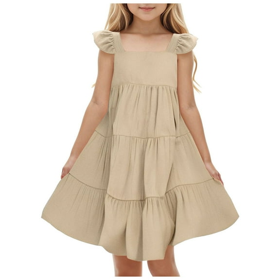 Tkrady Dress for Girls Spring Summer New Solid Color Ruffled Little Flying Sleeve Fashionable Princess Dresses, Sizes 1-6 Years