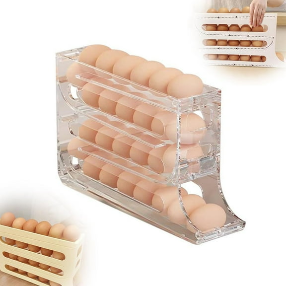 Tkrady Egg Holder for Fridge - Auto Rolling Fridge Egg Organizer, Space-Saving Egg Dispenser Holder, 4 Tiers Fridge Egg Rack Large Capacity Egg Dispenser for Refrigerator (Transparent)