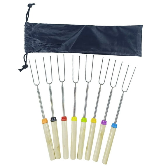 Tkrady Extendable Stainless Steel Roasting Sticks Barbeque Fork Hot Dog Campfire Skewers Mashmellow Camping 32 Inch Long Extendable Forks 8Pcs