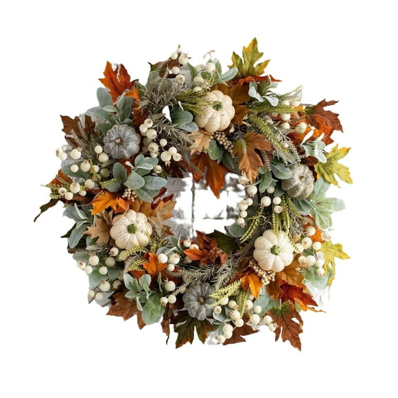 Tkrady Fall Wreath For Front Door Autumn Wreath With Maple Leaf Pumpkins And White Berries Pumpkins Wreath Thanksgiving Wreaths Maple Leaf Wreath Decor 18 Inch