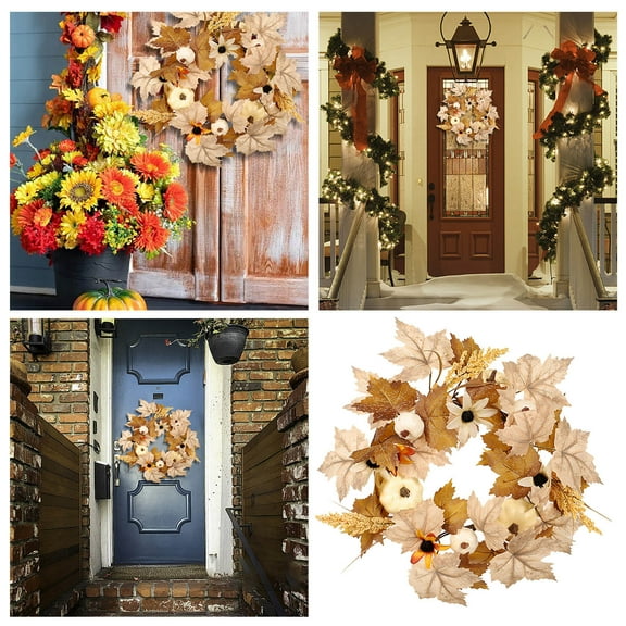 Tkrady Farmhouse Fall Artificial Wreath 15.7in - Fall Autumn Wreath Autumn White Pumpkin And Maple Leaf Wreath For Front Door Festival Decor Outdoor Thanksgiving Decor