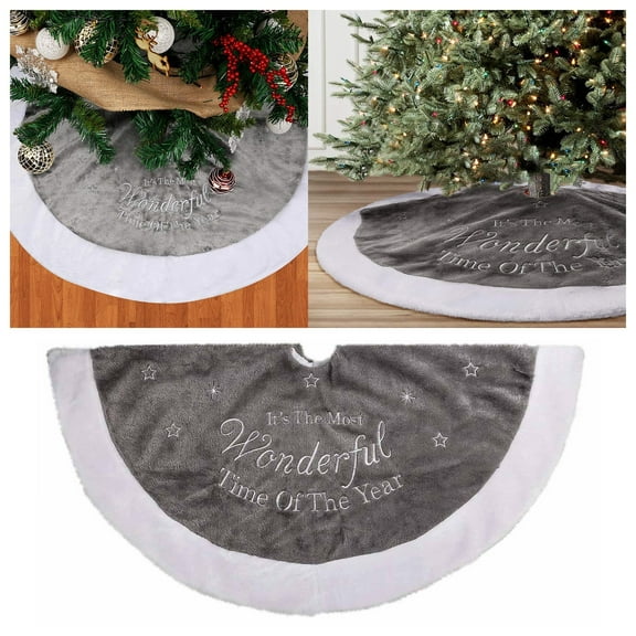 Tkrady Gray Christmas Tree Skirt, 36" Fur Christmas Tree Rug with Silver Embroidered Snowflakes for Pencil Tree for Grey Christmas Decorations