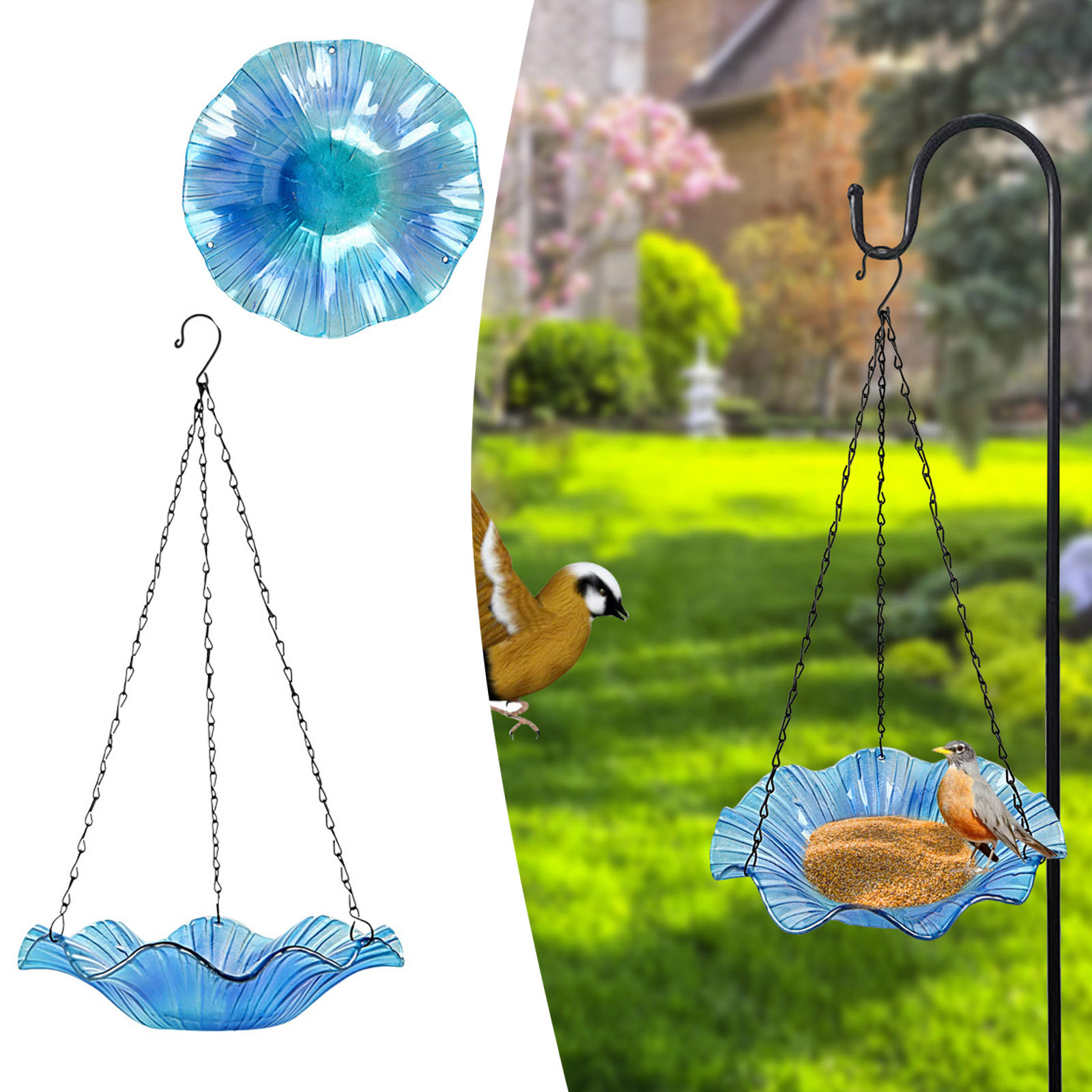 Tkrady Hanging Bird Bath Tray Thermal Fused Glass Bird Bath Dazzle Glass Bird Feeder Outdoor Patio Glass Bird Feeder Garden Decoration