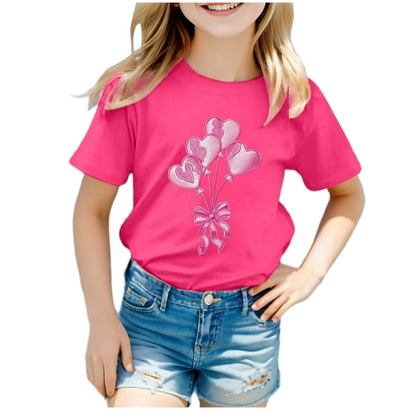 Tkrady Kids Girls New Crewneck Short Sleeve Tshirt Top Valentines Day Cute Graphic Casual Tee, Sizes 1-12 Years