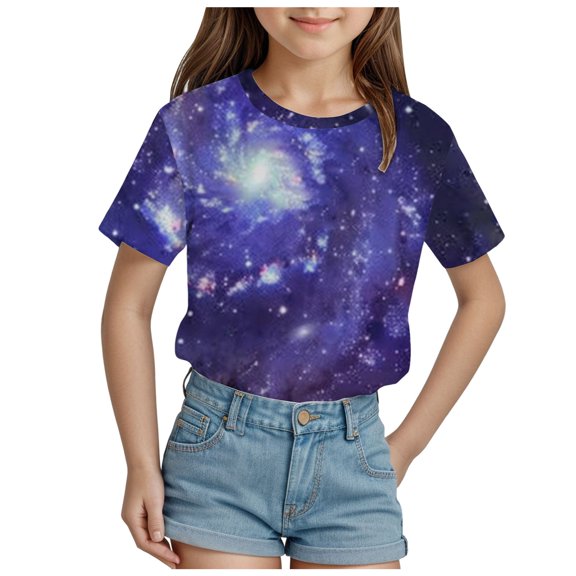 Tkrady Kids Girls Summer New Crewneck Starry Sky Pattern Short Sleeve Tshirt Top, Sizes 3-13 Years