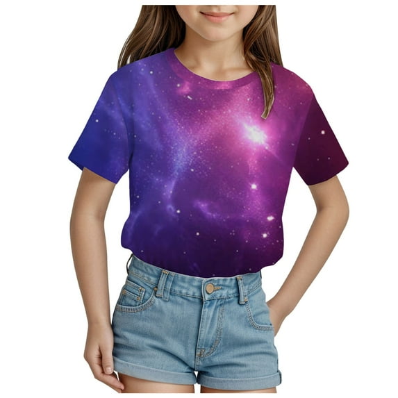 Tkrady Kids Girls Summer New Crewneck Starry Sky Pattern Short Sleeve Tshirt Top, Sizes 3-13 Years