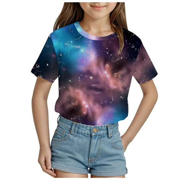 Tkrady Kids Girls Summer New Crewneck Starry Sky Pattern Short Sleeve Tshirt Top, Sizes 3-13 Years