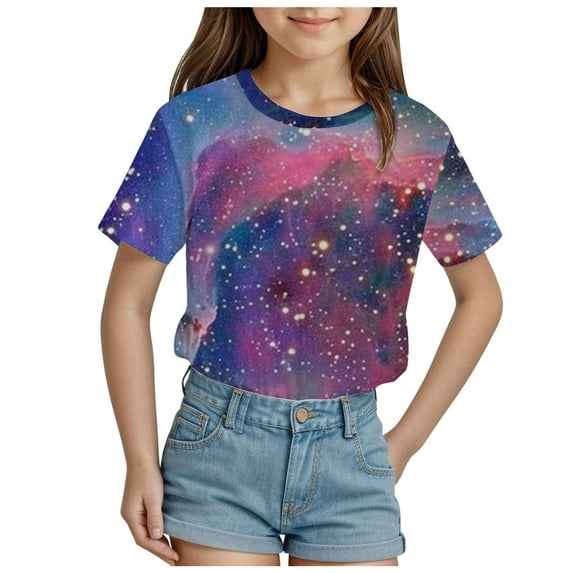 Tkrady Kids Girls Summer New Crewneck Starry Sky Pattern Short Sleeve Tshirt Top, Sizes 3-13 Years