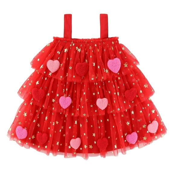 Tkrady Kids Skirt for Girls Valentines Day Fashionable Heart Layered Mesh Suspenders Skirts, Sizes 1-8 Years