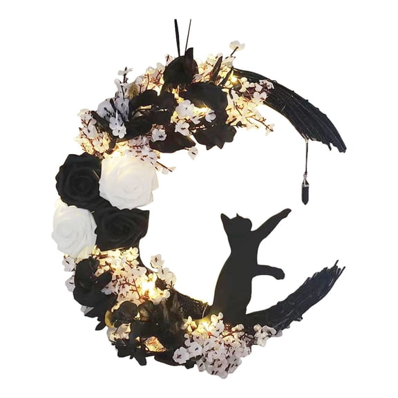 Tkrady Moon Door Wreath, White and Black Rose Wreath, Black Cat Wreath for Front Door Door Decorations-B
