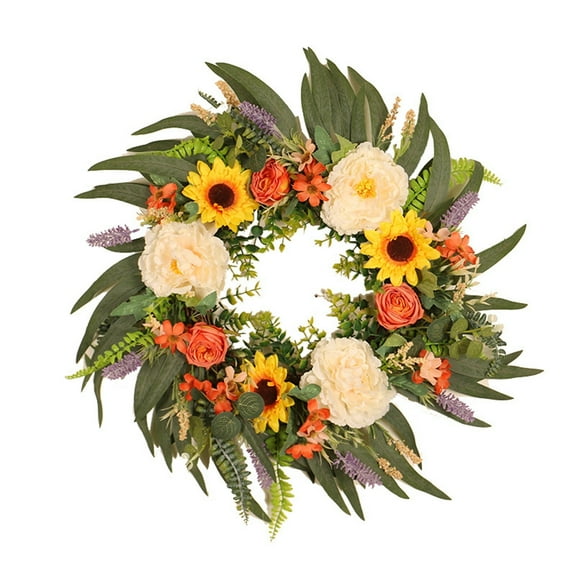 Tkrady Peony Flower Sunflower Wreath Rattan Ring Green Decoration Door Hanging Wreath Farmhouse Manor Window Wreath Decoration