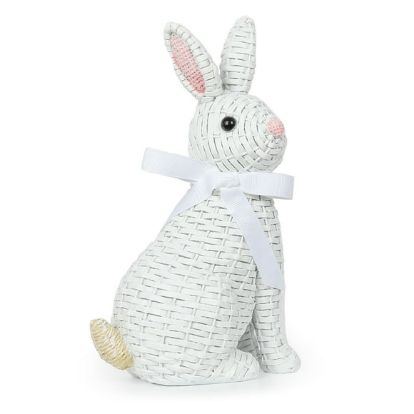 Tkrady Rattan Effect Resin Bunny Easter Decor,Table Rabbit Easter Decorations,Spring Bunnies Decoration Statue Figurine for Home Farmhouse (White, Sedentary)