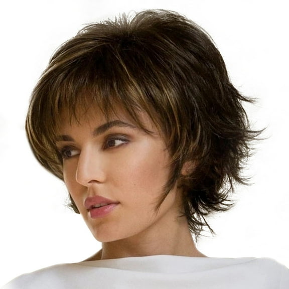 Tkrady Short Brown Cut Wigs for Women, Natural Wavy Synthetic Hair Wigs Cap,Curly Wig with Bangs