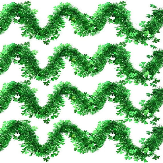 Tkrady St.Patrick's Day Tinsel Garlands Decorations, DIY Shamrocks Wreath for Front Door, St.Patrick's Day Decorations Outdoor Indoor Home, 4 Pack Total 26"