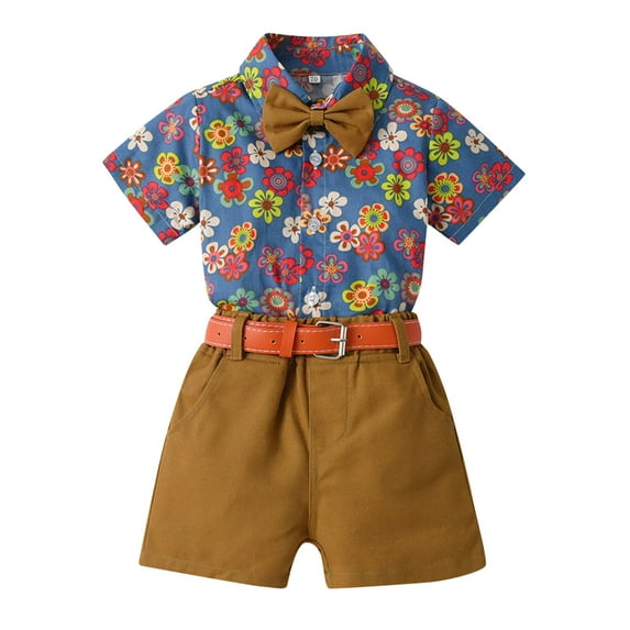Tkrady Toddler Boys Fashion Outfits Spring Summer Short Sleeve Shirt Printing Tops Shorts with Tie Belt Gentleman Clothing 4 Piece Set, Sizes 0-4 Years