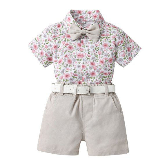 Tkrady Toddler Boys Fashion Outfits Spring Summer Short Sleeve Shirt Printing Tops Shorts with Tie Belt Gentleman Clothing 4 Piece Set, Sizes 0-4 Years