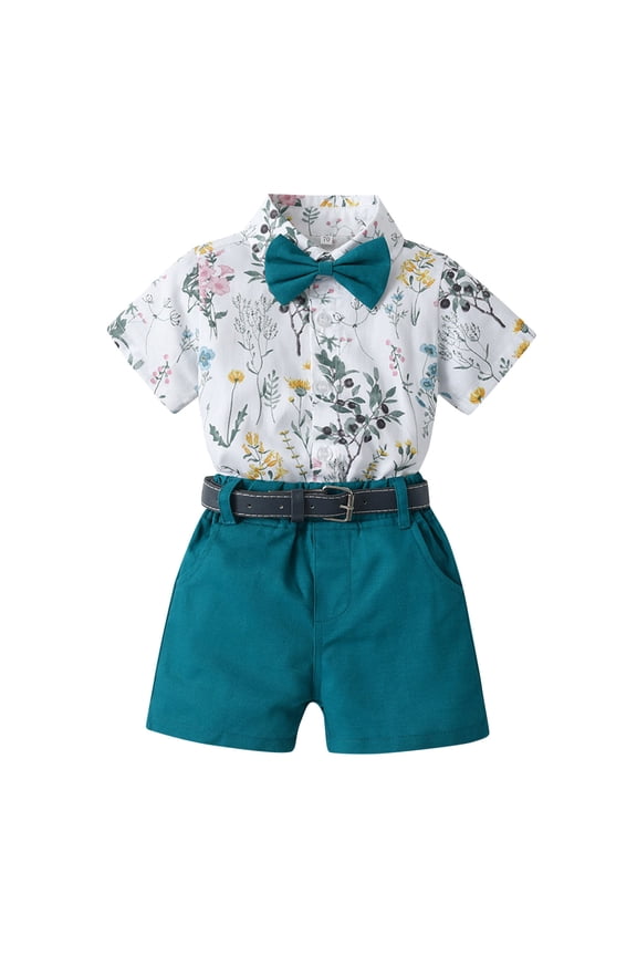 Toddler Boys Fashion Outfits Spring Summer Short Sleeve Shirt Printing Tops Shorts with Tie Belt Gentleman Clothing 4 Piece Set, Sizes 0-4 Years