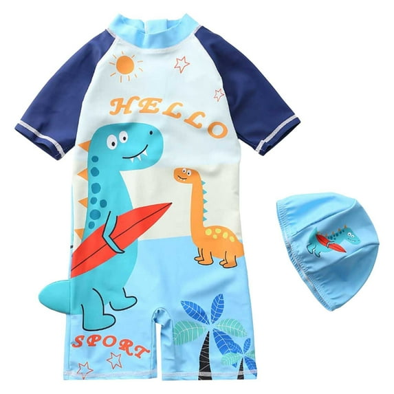 Tkrady Toddler Boys One Piece Swimsuits Summer New Cute Cartoon Short Sleeve Beach Sunscreen Swimsuit Cap, Sizes 1-6 Years