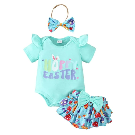 Tkrady Toddler Girl Outfits Easter New Short Sleeve Cute Letter Print Tops Skirt Headband 3 Piece Set, Sizes 0-18 Months