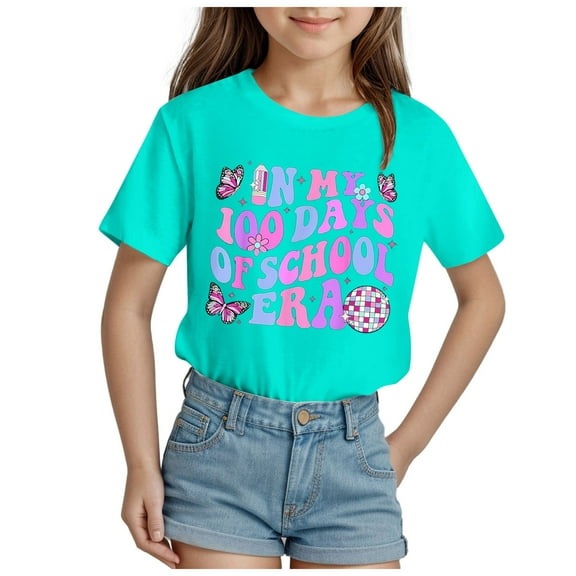 Tkrady Toddler Girls New Letters Printed Round Neck Short Sleeve T Shirt Tops School Times Clothes, Sizes 1-14 Years