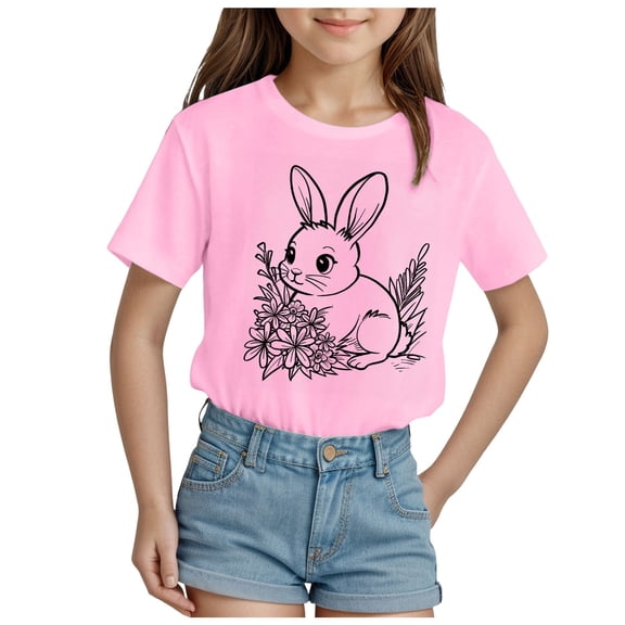 Tkrady Toddler Girls Summer New Easter Casual Cute Print Short Sleeve Crewneck T Shirt Tops, Sizes 1-14 Years