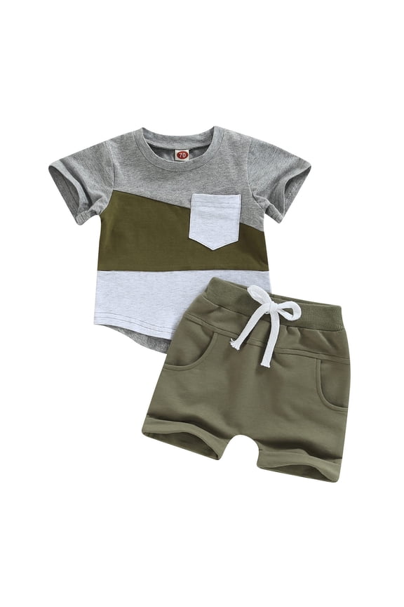 Toddler Outfits for Boys Cotton Splice Color Short Sleeve Tops Shorts Set, Sizes 0-3 Years