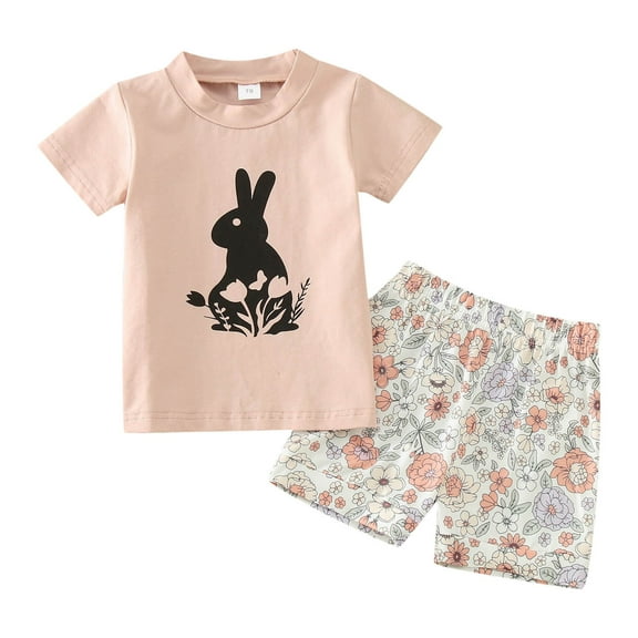 Tkrady Toddler Outfits for Girl Easter Short Sleeve Cartoon Printed T Shirt Tops Shorts Fashion Set, Sizes 0-3 Years