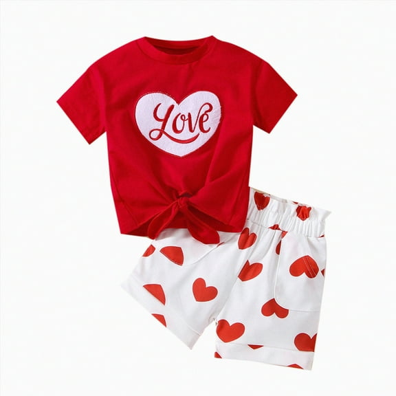Tkrady Toddler Outfits for Girl Spring Summer Valentine's Day New Cotton Short Sleeve Tee Tops Shorts Set, Sizes 1-5 Years