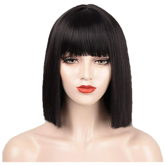 Tkrady Wigs for Women Human Hair, Headcover Lace Front Wigs Short Straight Hair with Flat Bangs Bob One Cut High Temperature Wire Wig, Black