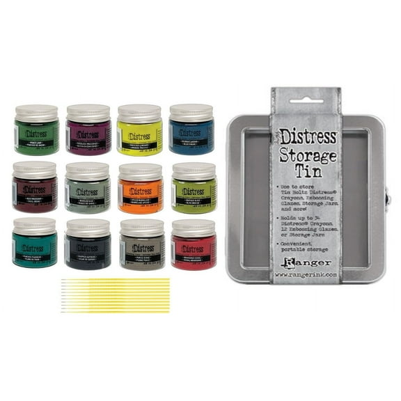 Tim Holtz Ranger Embossing Glaze Bundles - Fashion Colors Embossing Glaze Jars with Trebbies Detail Sticks 12 Complete Set with Storage Tin
