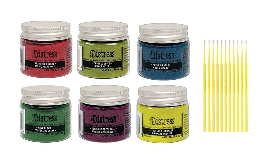 Tim Holtz Ranger Distress Embossing Glaze Bundle 6 Jar Bright Collection - 6 Fashion Colors Embossing Glaze Jars - with Trebbies Detail Sticks