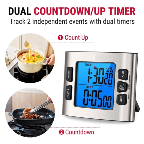 Tm02 24h Digital Timer With Dual Kitchen Timers For Cooking Magnetic Clock Adjustable Alarm Volume & Lcd Backlit Display Classroom Teachers (previously Thermopro)