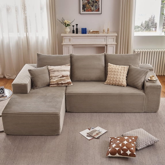 Tmjmj 107" L-Shaped Corduroy Modular Cloud Sectional Sofa, Boneless, Deep Seat, No Assembly, Camel