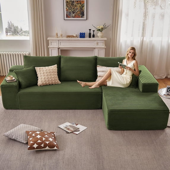 Tmjmj 107" Boneless L-Shaped Cloud Sectional Sofa with Chaise, Modern ModularCorduroy Deep Seat Couch Green
