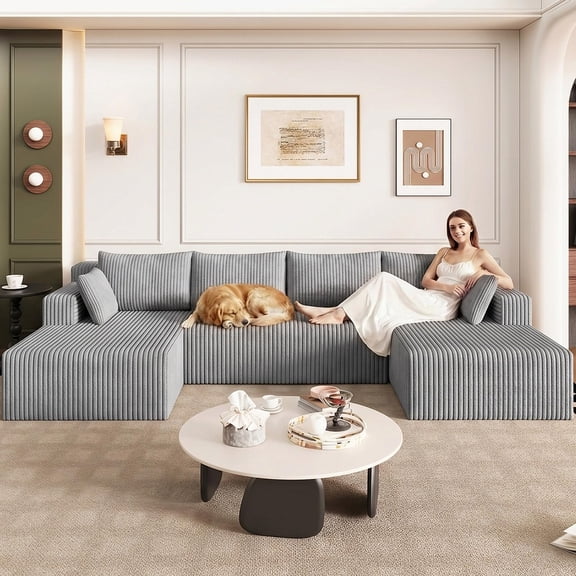Tmjmj 124" U Shaped Modular Sectional Sofa, 3-Piece Corduroy Cloud Couch Boneless Sofa with Double Chaise Lounge & Loveseat, Upholstered Deep Seat Sofa Set, No Assembly Required, Light Gray
