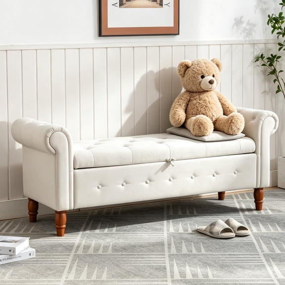 Tmjmj 63" Storage Ottoman Bench with Tufted Cushion, Rolled Arms Polyester Upholstered Entryway Bench, Wood Legs Large Storage for Living Room Bedroom, Beige
