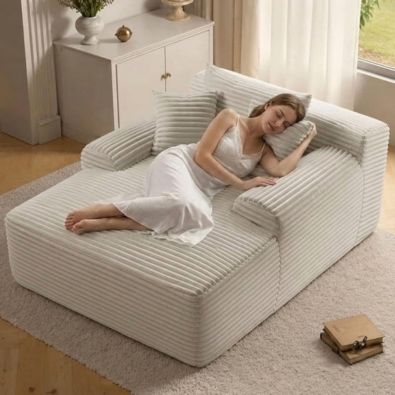 Tmjmj 65" Oversized Corduroy Chaise Lounge, Wide Arms & 3 Pillows, Deep Seat, No Assembly, White