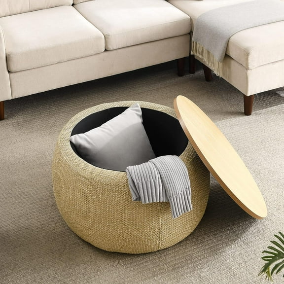 Tmosi Round Storage Ottoman Coffee Table with Lid,Wood Footstool, Side Table End Table for Living Room (Natural)