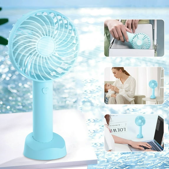 Tmosphere Mini Handheld Fan, Portable Fan, 2-In-1 3 Speed USB Rechargeable Battery Operated Personal Fan, Travel Fan Cooling Desk Fan with 4 Fan Blades and Base for Outdoor, Office, Travel - Blue