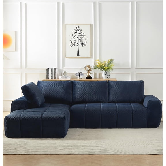 Tmsan 111.4" Boneless Cloud Modular Sectional Couch,Left Chaise L Shaped Sofa,Compressed Foam Sofa for Living Room,No Assembly Requiredy,Dark Blue(Faux Fur Fabric)