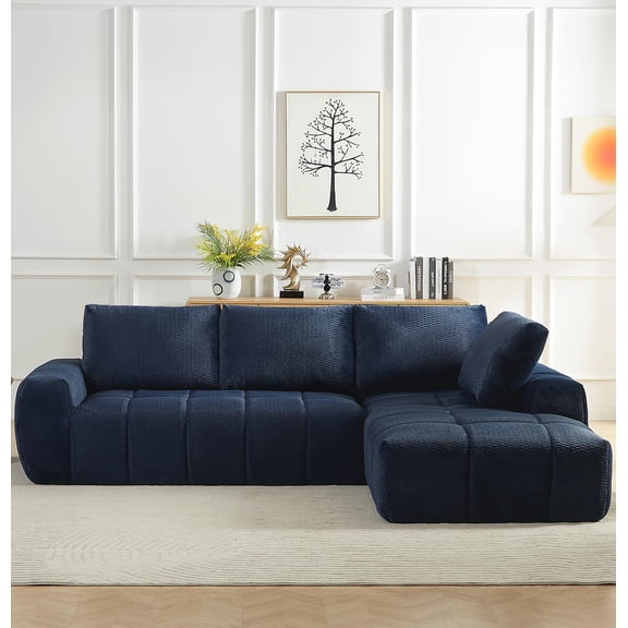 Tmsan 111.4" Boneless Cloud Modular Sectional Couch,Right Side Chaise L Shaped Sofa,Compressed Foam Sofa for Living Room,No Assembly Requiredy,Dark Blue(Faux Fur Fabric)