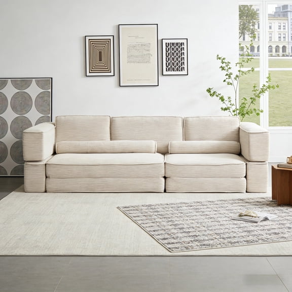 Tmsan 118.8" Modern Boneless Corduroy Futon Sofa Couch Bed with Metal Frame Folding Sofas, Convertible Comfy Deep Seat Sponges Couches,for Living Room Bedroom,No Assembly Required,Beige