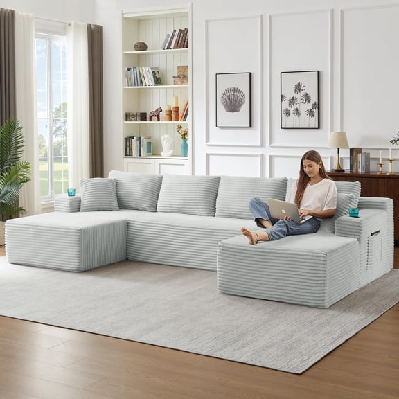 Tmsan 134" U Shaped Boneless Couch,Comfy Cloud Deep Seat, Modular Sectional Sofa with Cup Holders, Free Combination, Modern Corduroy Foam Compressed Sofas Set for Living Room, Apartment ,Gray